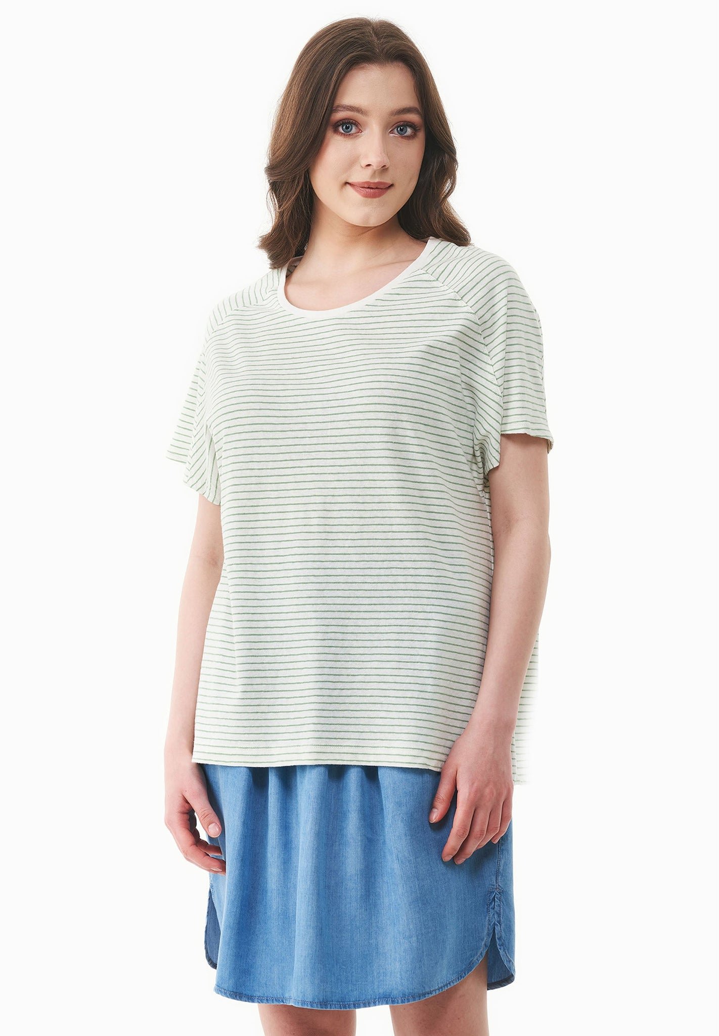 Thinly Striped Linen Blend T-Shirt Off White / Matcha Green