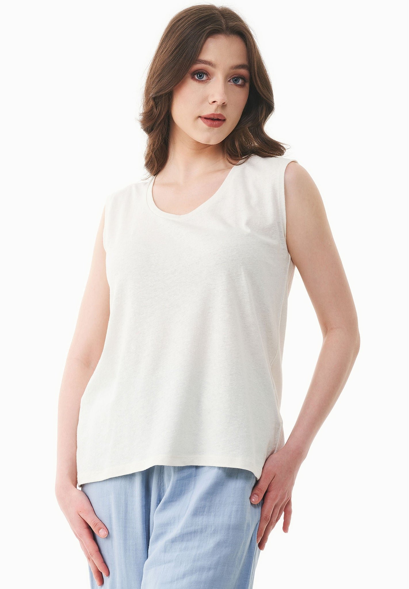 Deep Round Neck Linen Blend Jersey Top Off White