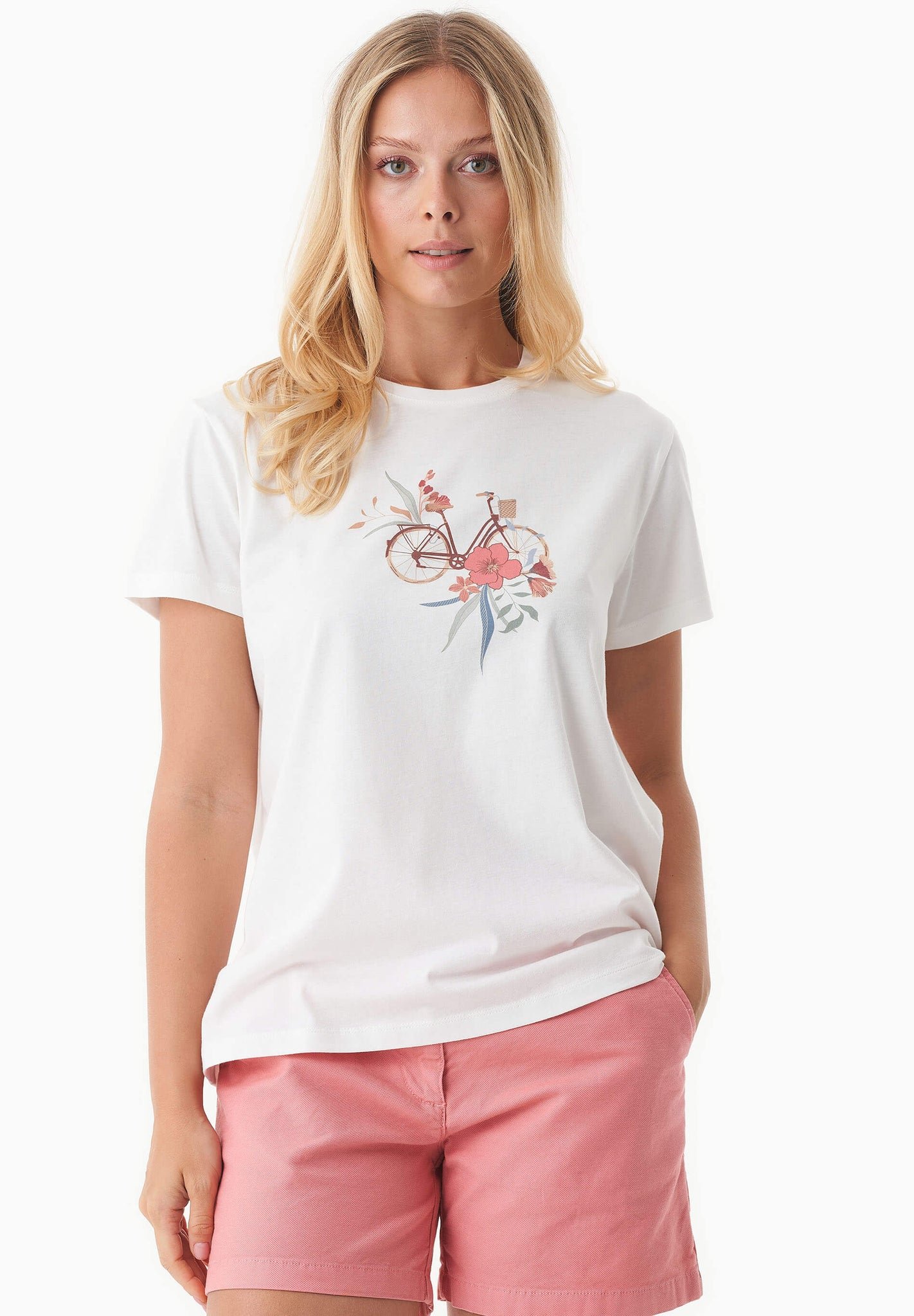 Flower Bike Print Organic Cotton T-Shirt Off White