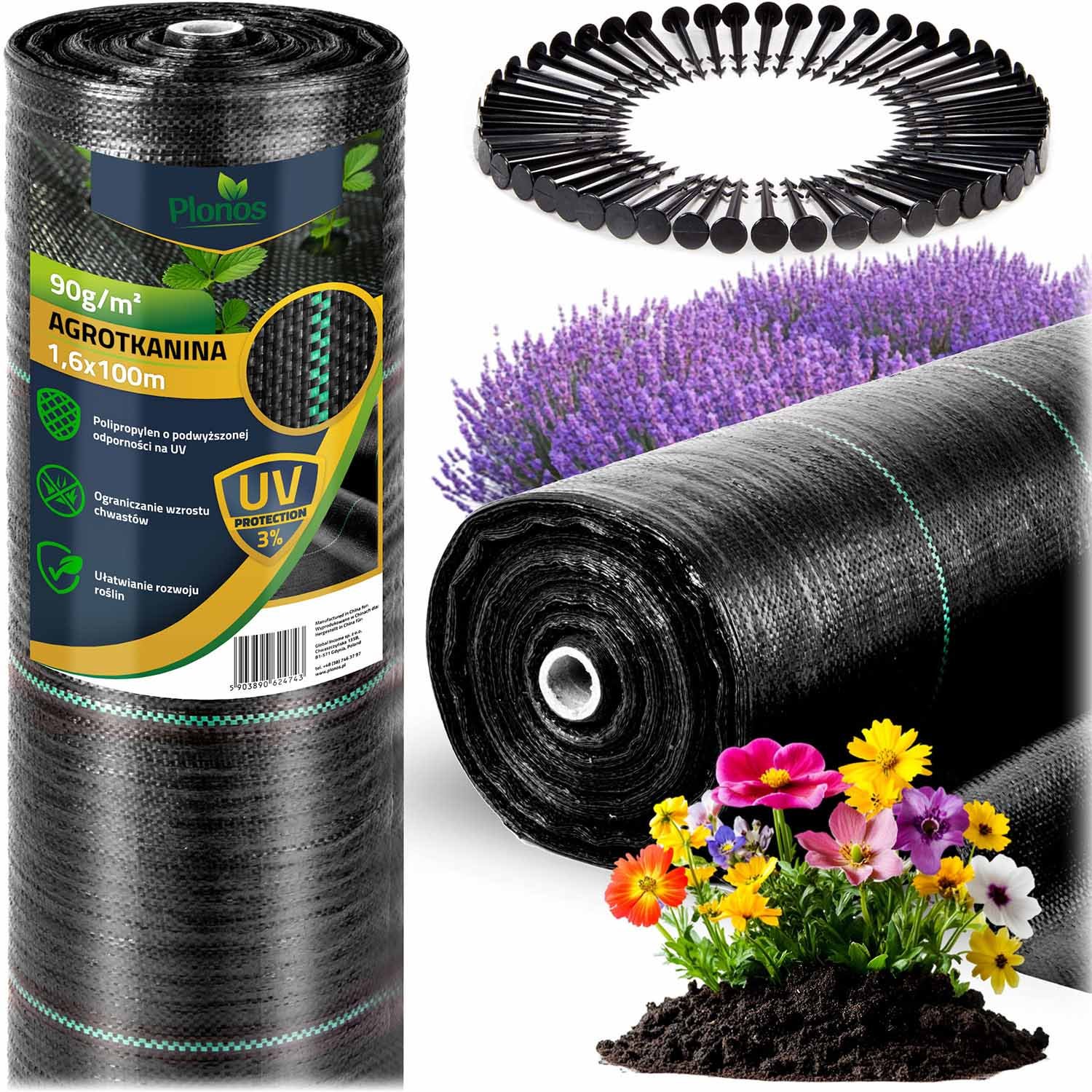 Puutarha-agrotekstiili 1,6 m x 100 m 90 g/m2 + 100 Plonos-tappia - musta