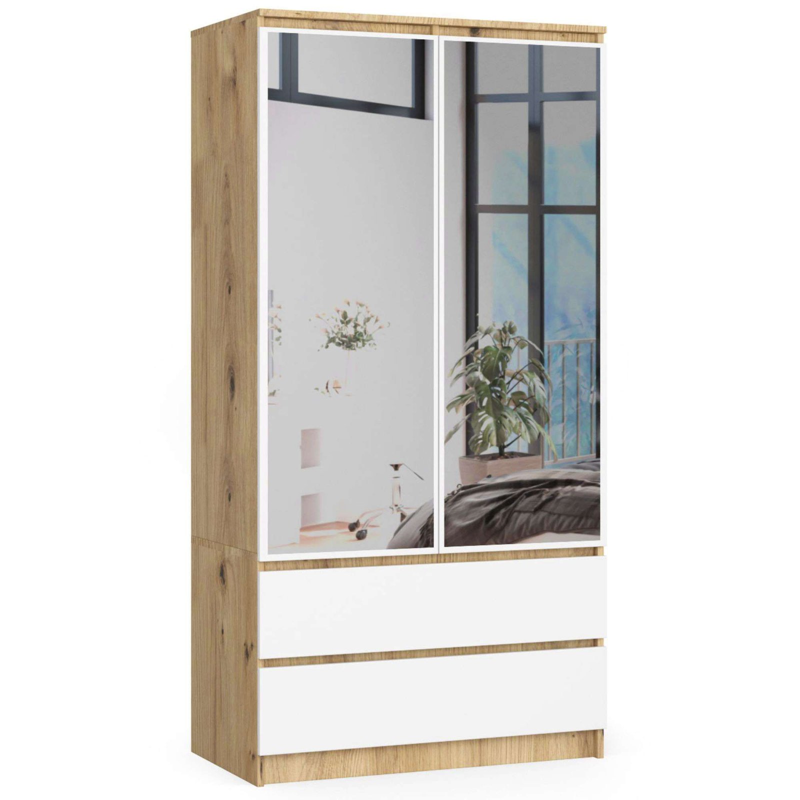 Akord Vaatekaappi 2-ovinen 2-laatikollinen 2-peilinen Artisan-tammi/Valkoinen 90x51x180