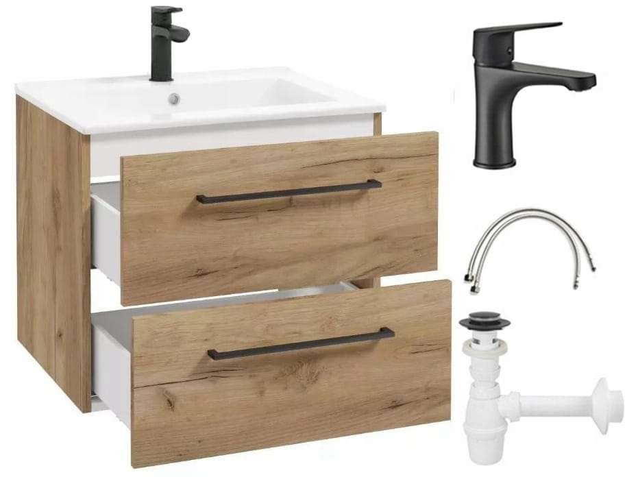 Kylpyhuonekaappi 50 cm ripustetulla pesualtaalla, askartelutammea, hana ja Pinia-sifoni