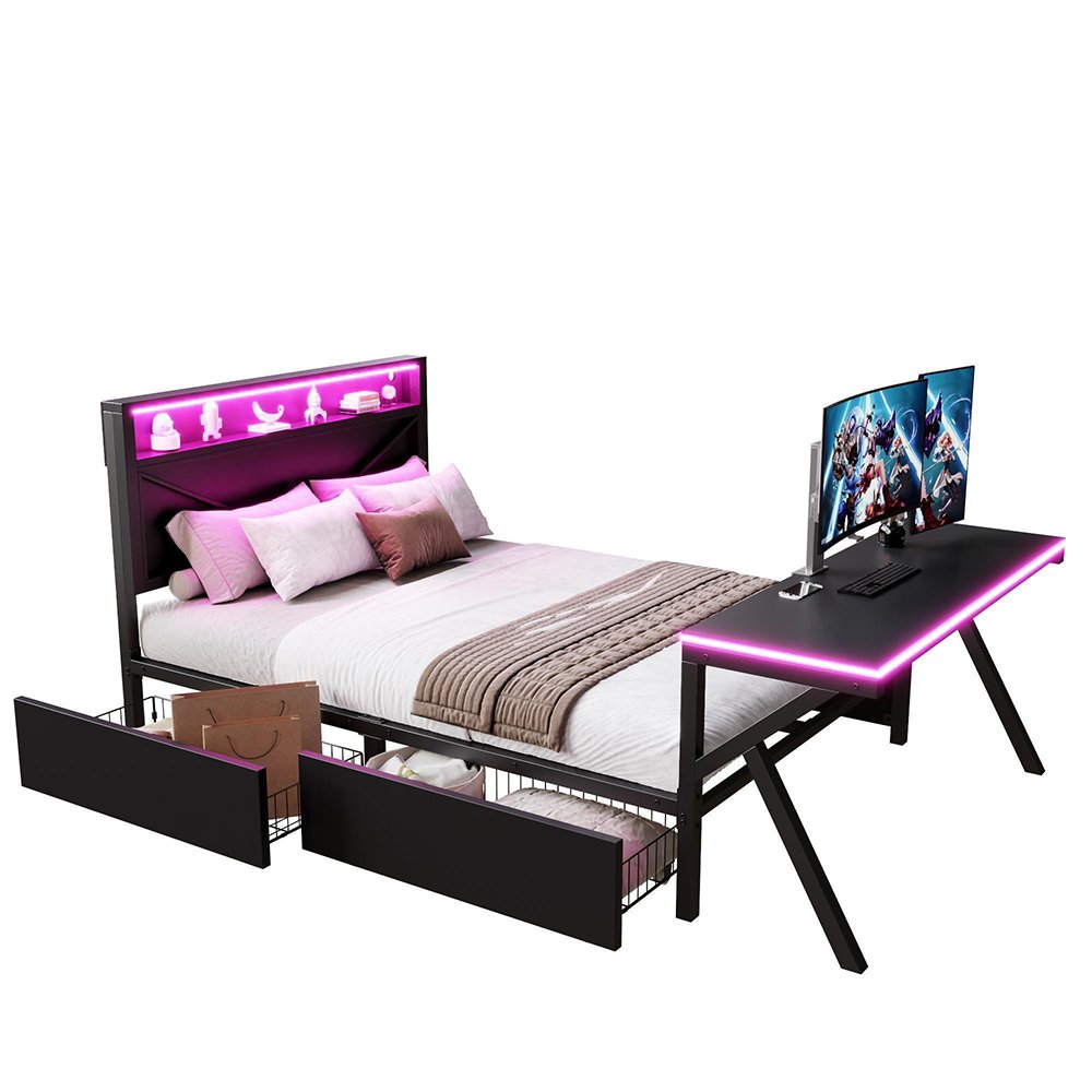 Metallisänky 140x200 cm mustana LED-päädyllä