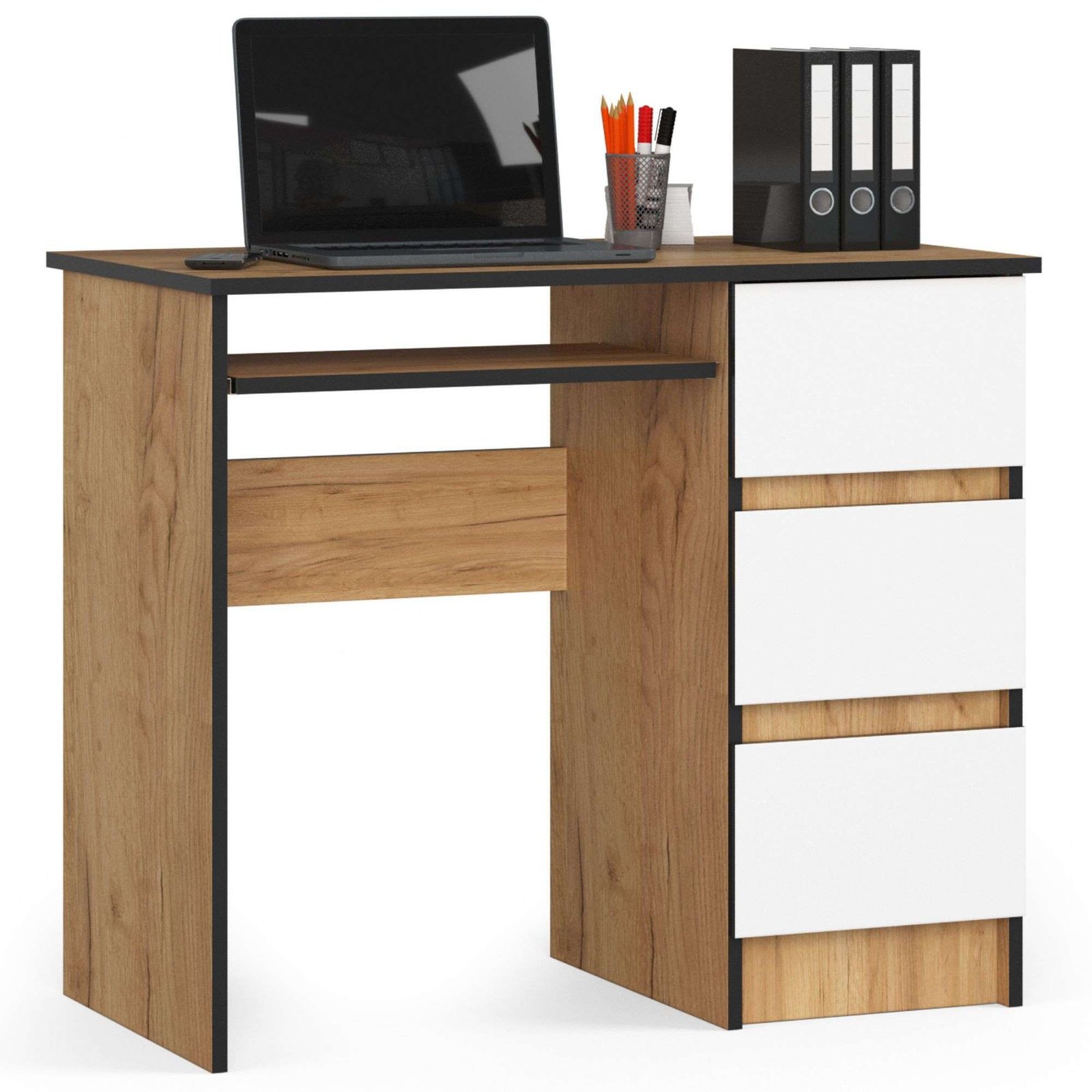Akord Tietokonepöytä 3 laatikkoa Oikea Craft-tammi/Valkoinen 90x50x77