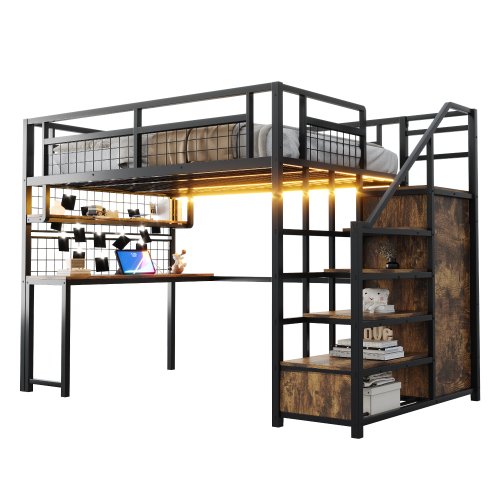 Metallinen kerrossänky 140x200, tikkailla säilytystilaa ja yksinkertaisella vaatekaapilla, hylly, pöytä, verkkohylly, LED-nauha, pistorasia, musta