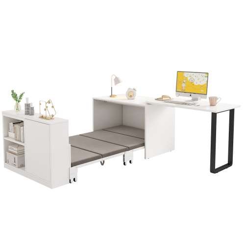 Kokoontaitettava sänky työpöydällä 90x200, yhden hengen, metalli, patjalla, pyörillä ja kaapilla, valkoinen