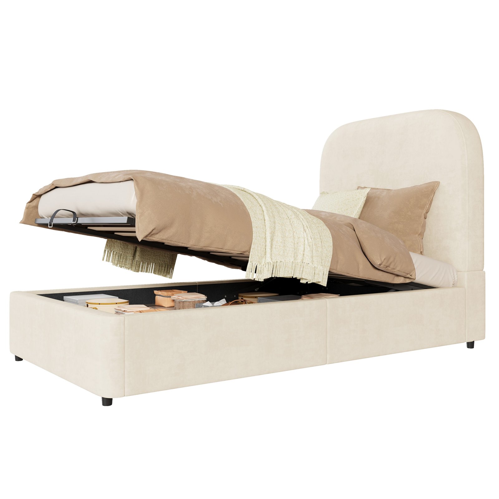 Verhoiltu sänky 90 x 200 cm, yhden hengen sänky sälepohjalla ja sängynpäädyllä, lastensänky säilytystilalla, sametti, beige