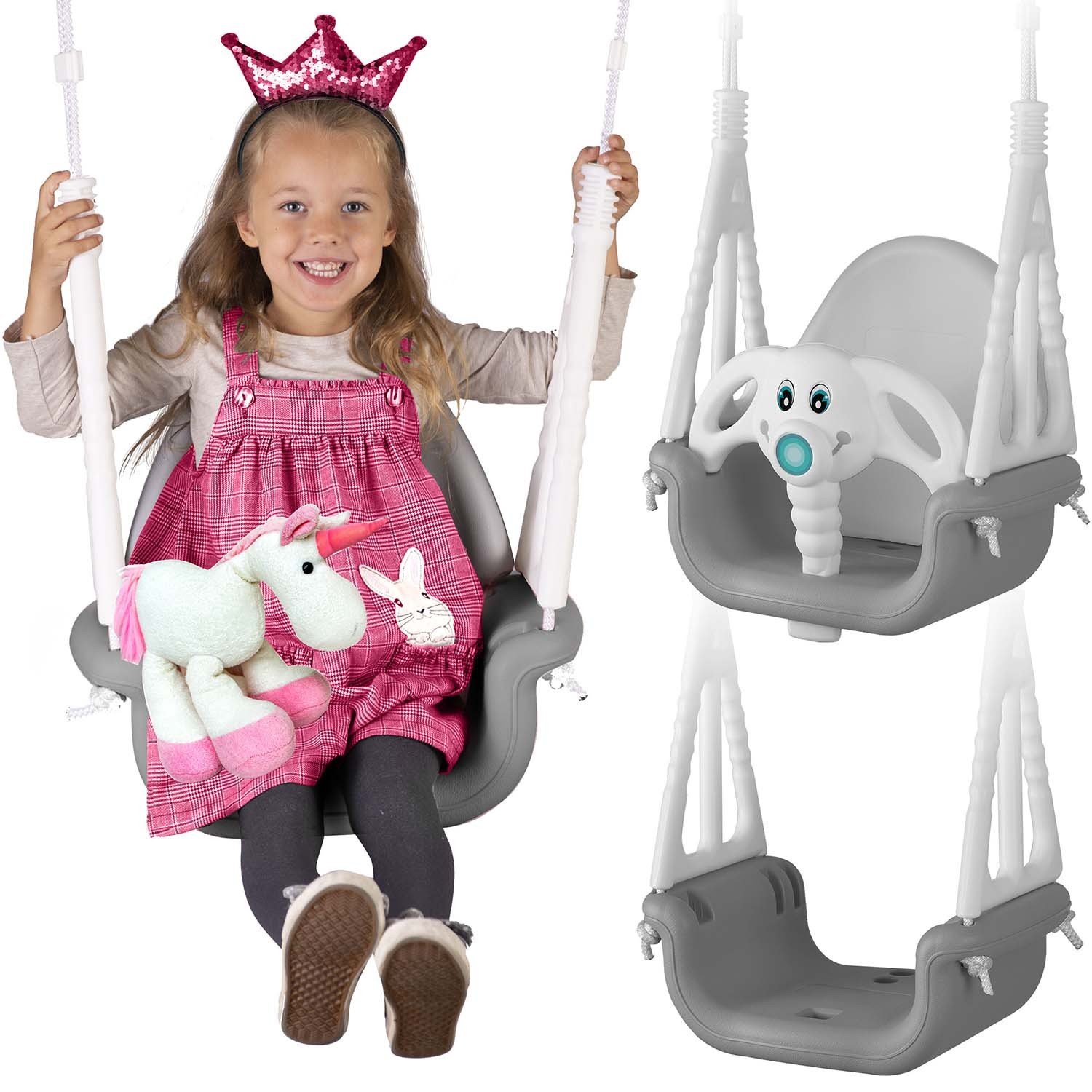 Ricokids 3-in-1 norsu-ämpärikeinu, harmaa ja valkoinen