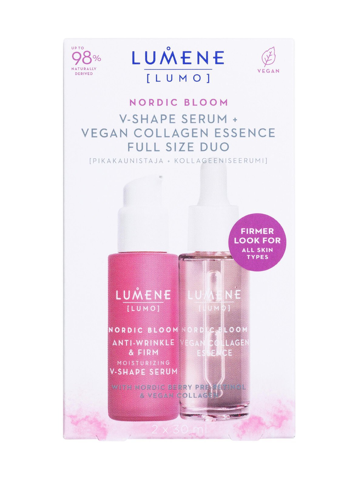 Lumo nordic bloom v-shape + vegan collagen duo set -pakkaus, 2 x 30 ml