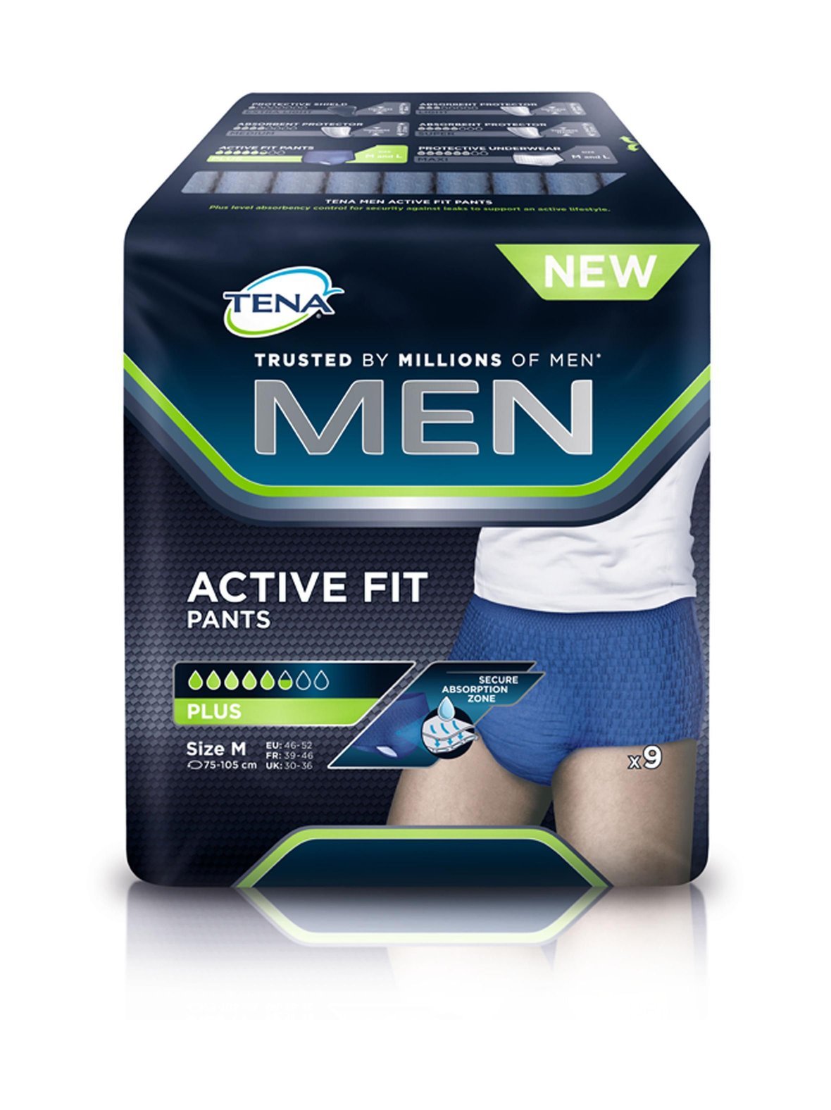 Men active fit pants medium -inkontinenssihousut 9 kpl