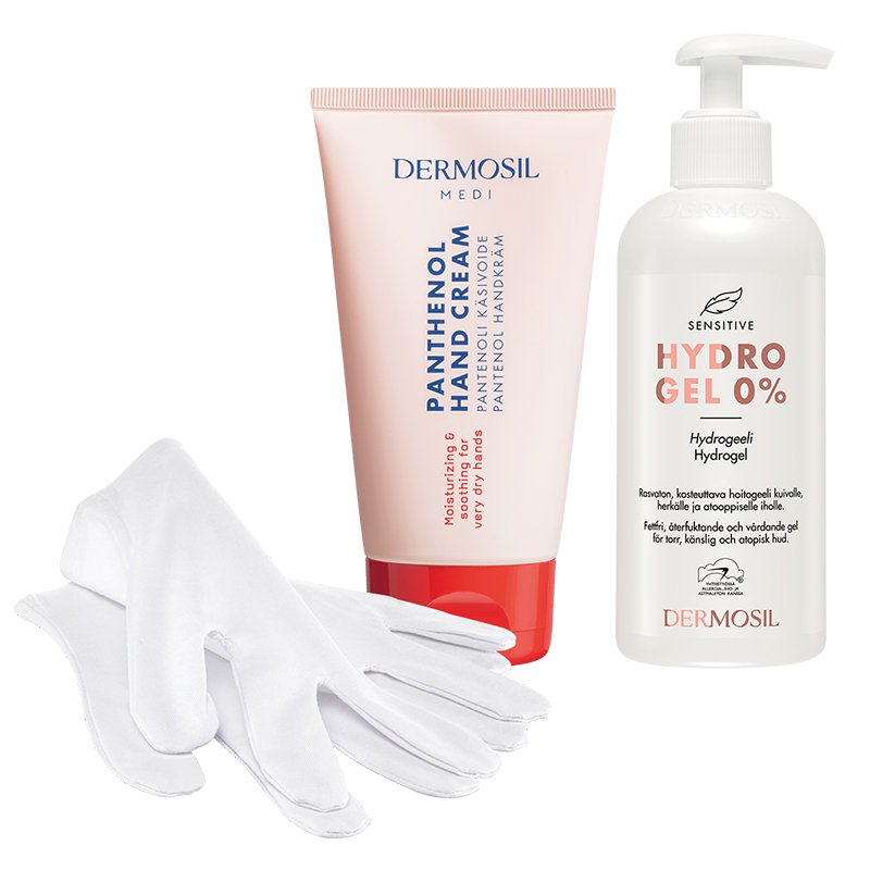 Pehmeät Kädet - Sensitive Hydrogeeli, Pantenoli Käsivoide & Puuvillahanskat, kosteutettu ja pehmeä iho