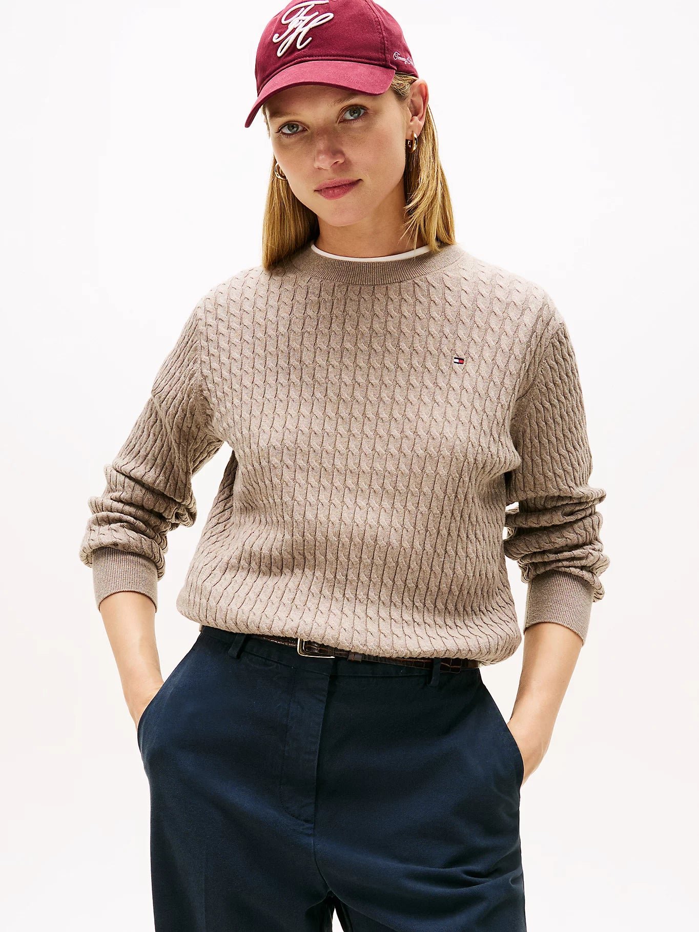 Tommy Hilfiger naisten neulepusero CO CABLE FINE GG C-NK LS SWEATER, vaalea beige