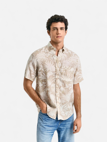 Gant miesten lyhythihainen kauluspaita, REG BOTANICAL LINEN PRINT SS T-SHIRT Ruskea Kuosi