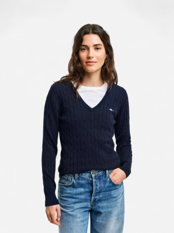 Gant neule, STRETCH COTTON CABLE V-NECK Tummansininen