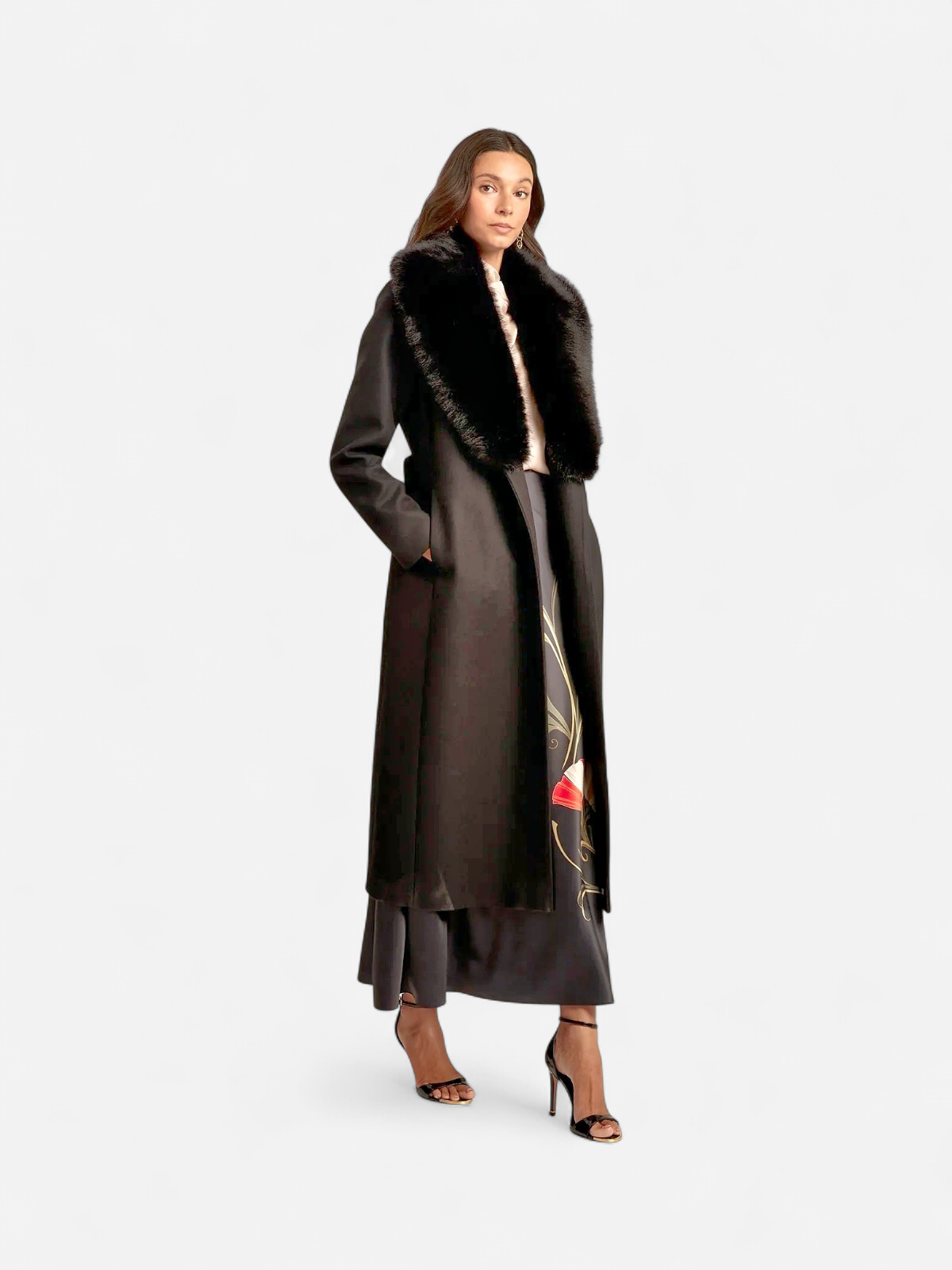 Ted Baker naisten takki MUSEA FAUX FUR BELTED LONG COAT, musta
