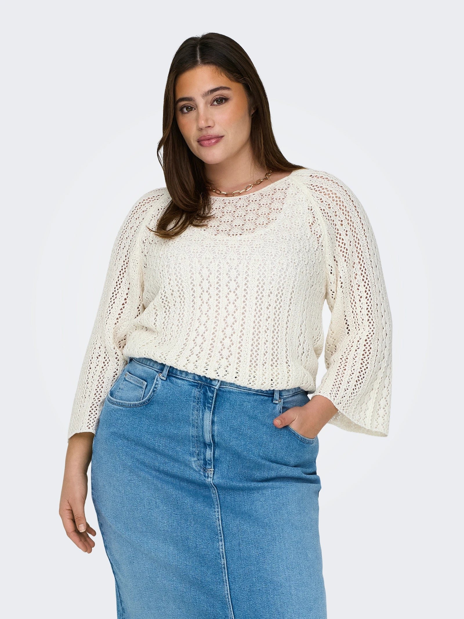 Only Carmakoma naisten neule, CARNOLA LIFE 3/4 PULLOVER KNT Luonnonvalkoinen