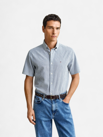 Gant miesten lyhythihainen kauluspaita Reg Seersucker Stripe SS Shirt, raidallinen sininen