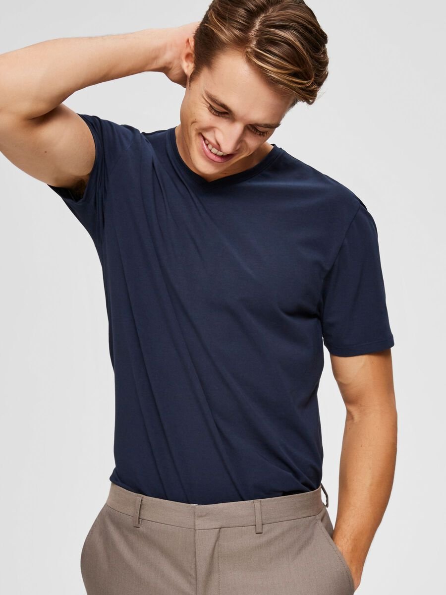 Selected Miesten T-paita, Pima Ss V-neck Tummansininen