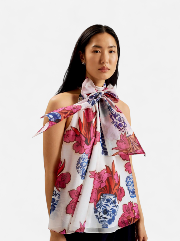 Ted Baker Naisten Toppi, AKAKI Organza printed Tie Neck Top Valkopohjainen Kuosi