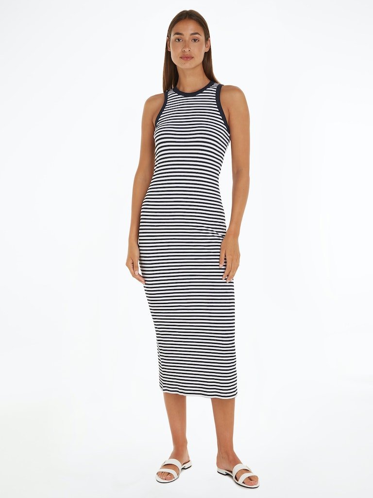 Tommy Hilfiger aisten midimekko, SLIM 5X2 STR RIB MIDI DRESS Raidallinen Sininen