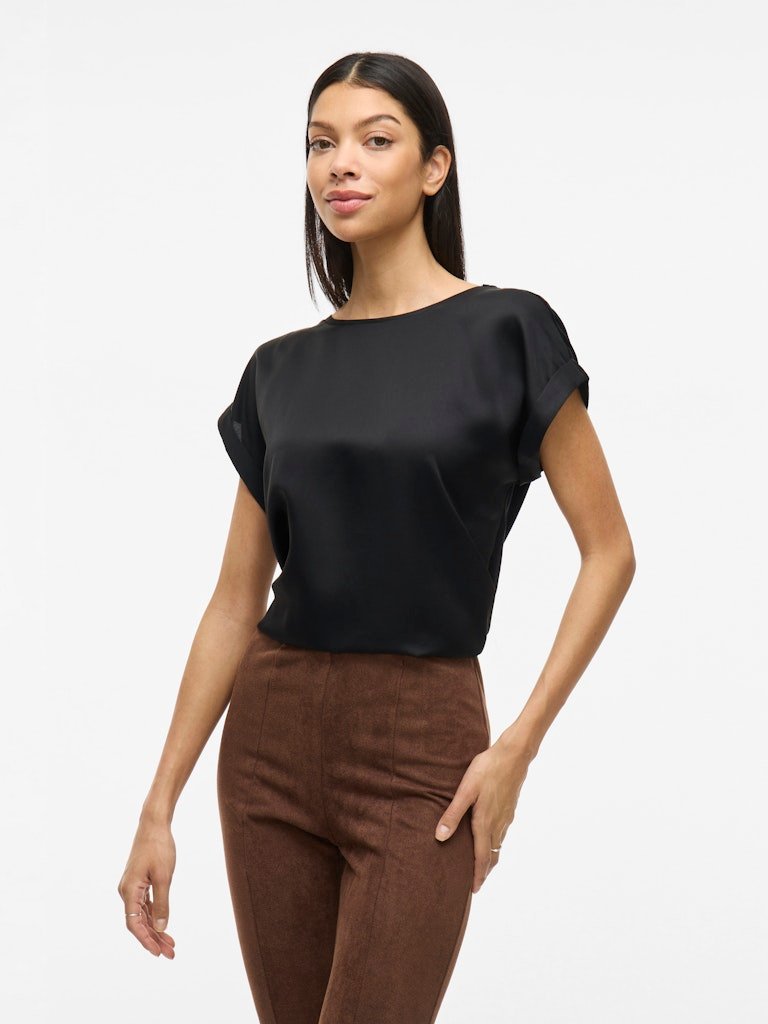 Vila lyhythihainen toppi, VIELLETTE S/S SATIN TOP Black