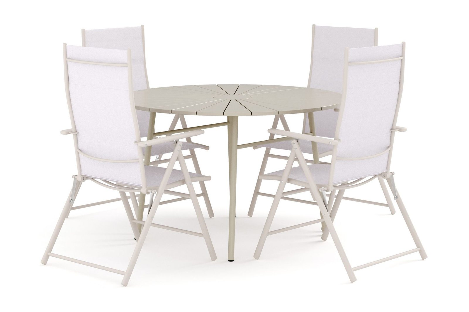 Tunis-ulkokäyttöön tarkoitettu pyöreä ruokailuryhmä 120 cm, 4 Sanna-säätötuolia - Beige/Beige