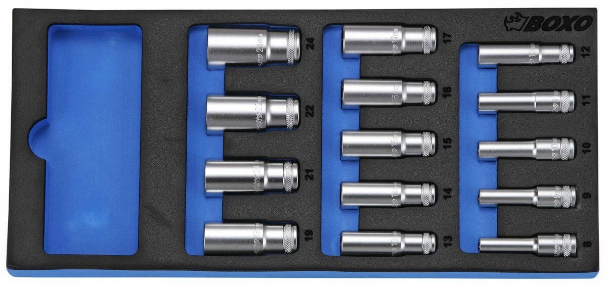 Hylsysarja 3/8", pitkät hylsyt (8-24 mm), Boxo