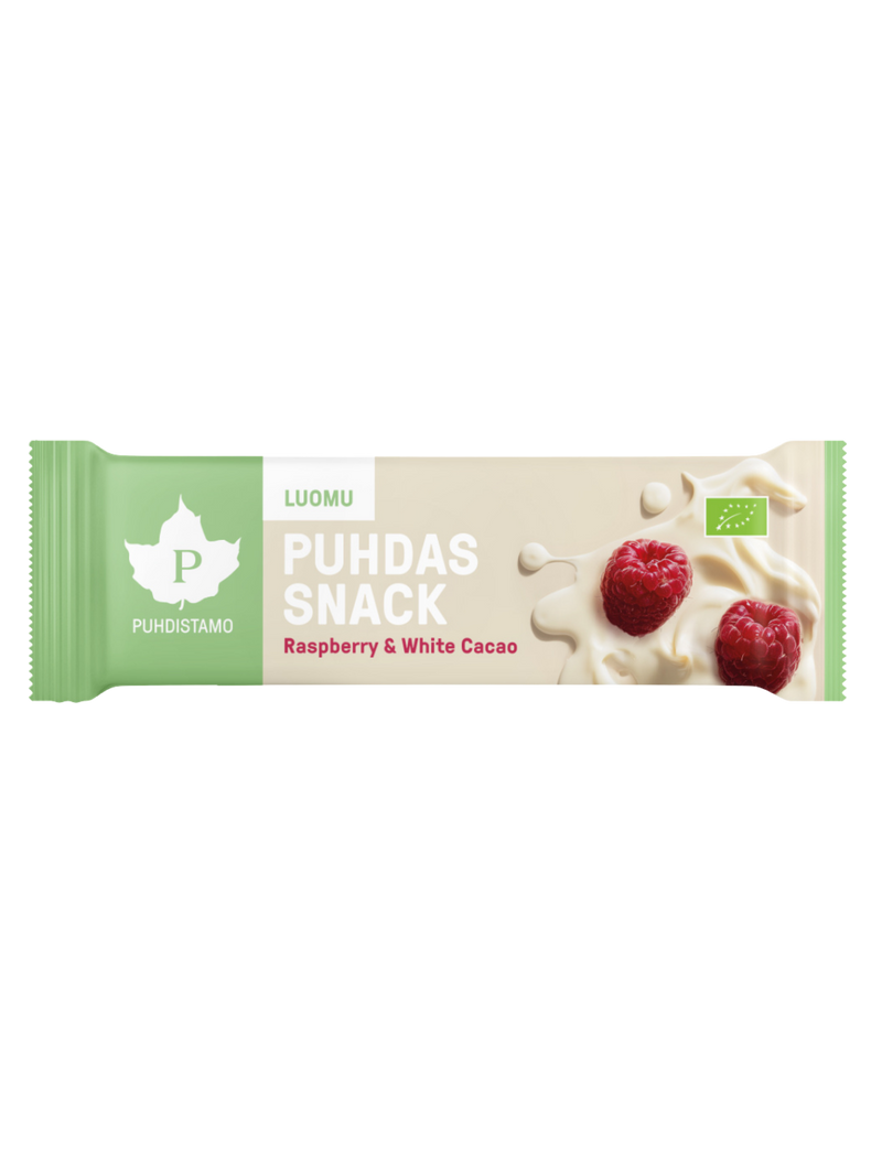 Puhdistamo Puhdas Snack -patukka, Raspberry & White Cacao, Luomu, 40g kpl