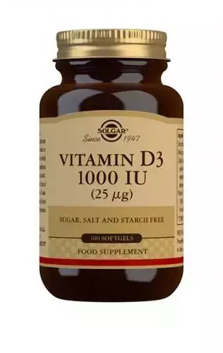 Solgar D3-vitamiini 1000 IU (25 µg, kalasta) 100 softg 100 kaps