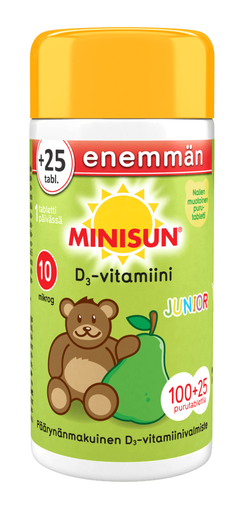 Minisun D-Vitamiini lapselle Päärynä Nalle Junior 10 mcg 100+25 tabl