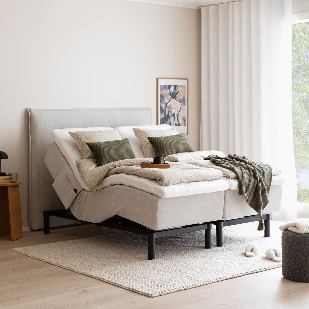 Unia Hopea moottorisänky L 180x200 beige, relax 7cm, 18cm musta jalka