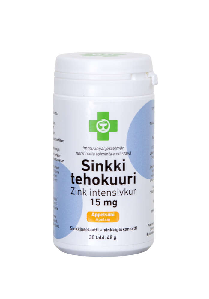 Apteekki Sinkki Tehokuuri 15 mg (sinkkiasetaatti + sinkkiglukonaatti) 30 tabl
