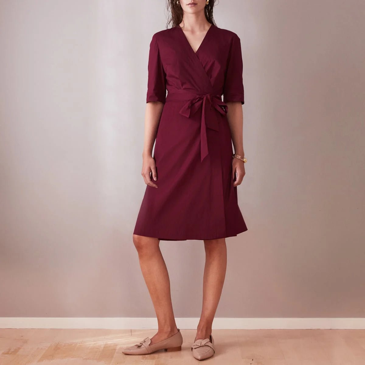 Wrap Dress Wine Red Short Sleeve