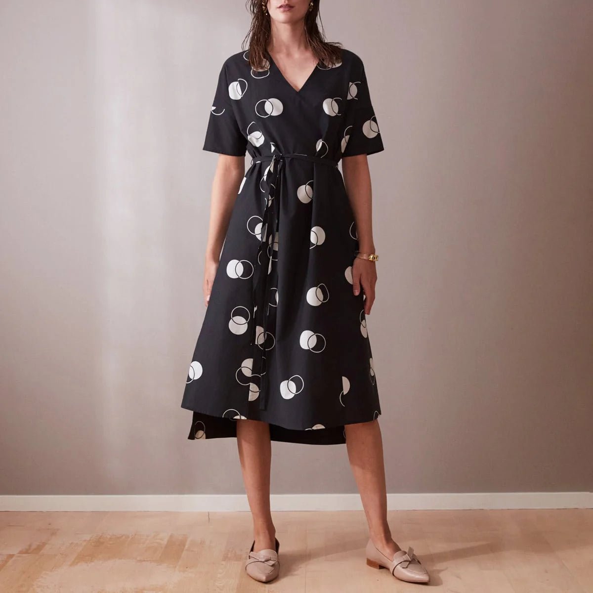 Dot Print Midi Dress Black