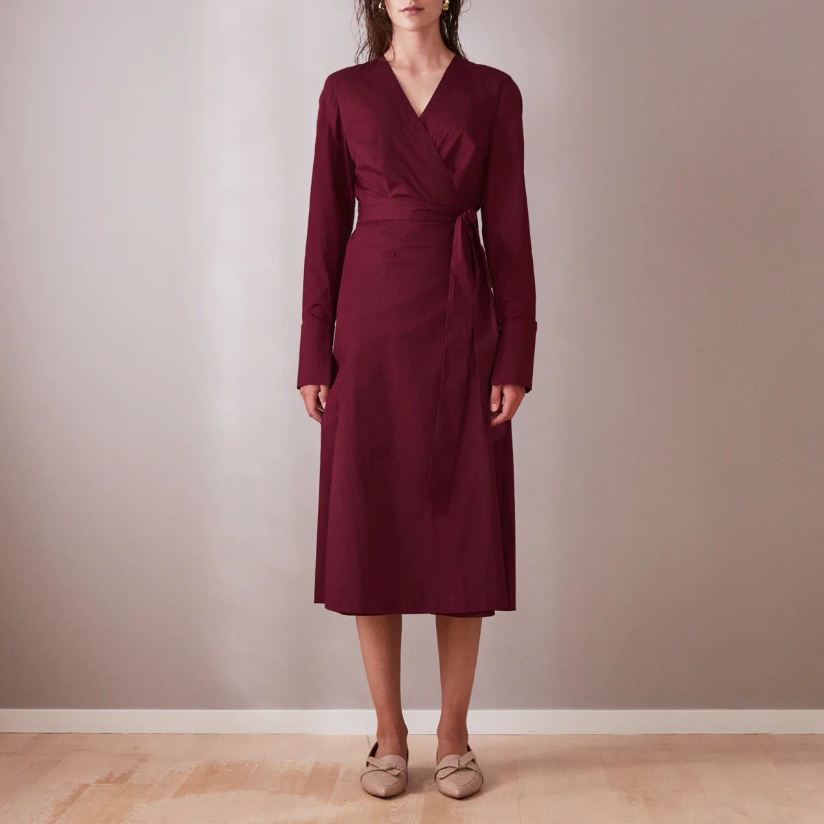 Wrap Dress Wine Red Long Sleeve Midi