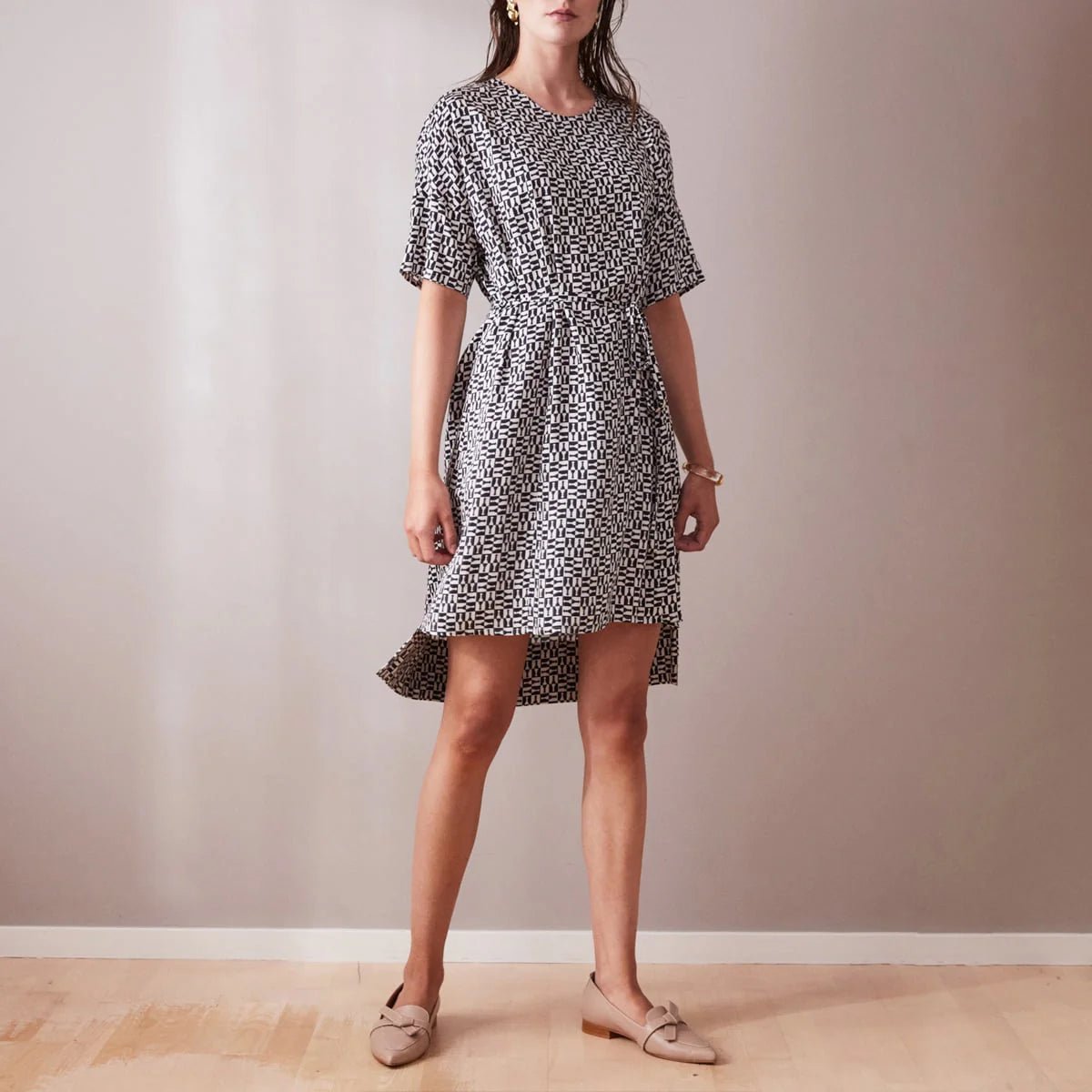 Day Dress Black and White Geo Print