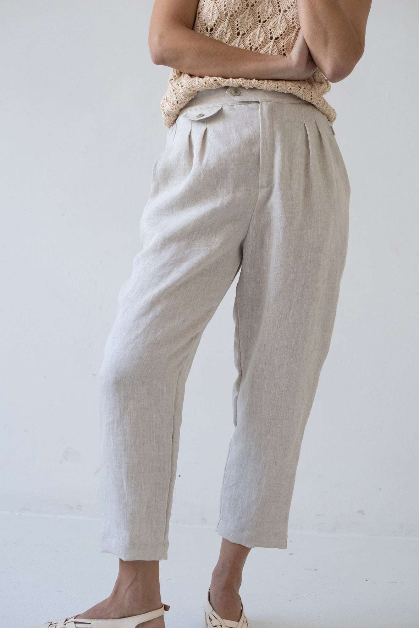 Bijoux Laskostetut Pellavahousut Beige