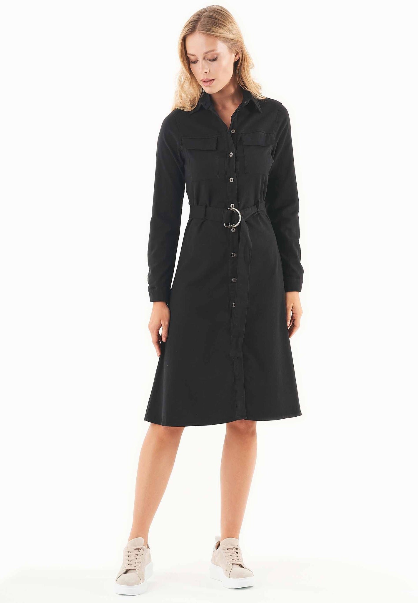 Belted Lyocell Blend Shirt Dress Black
