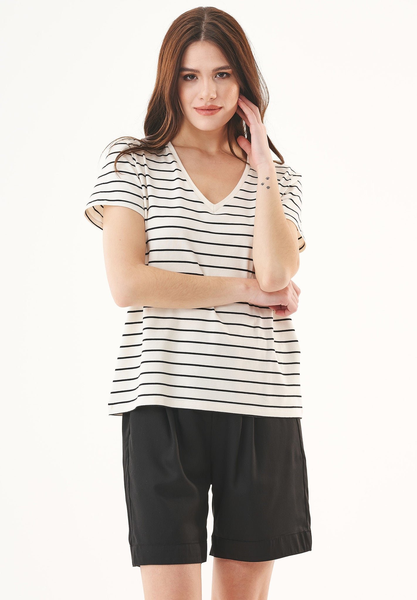 Women's Modal Blend Striped T-Shirt Off White / Black