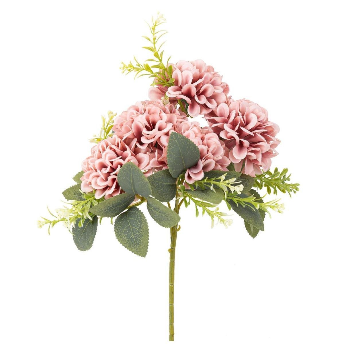 Tekokukkakimppu - Vanhanajan Roosa Hortensia ja Vihreät Lehdet, 28 cm