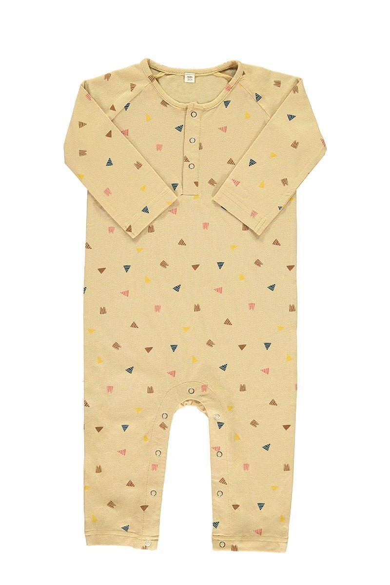 Baby's Raglan Sleeve Jumpsuit Triangles Beige