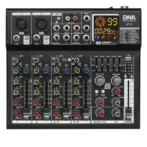 DNA QFX6 analoginen audiomikseri 6 kanavaa Bluetooth USB MP3 Phantom +48V lastulevy