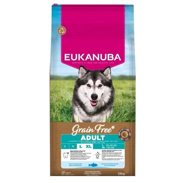Eukanuba viljaton aikuisille suurille roduille merikala kuivaruoka koirille 12 kg