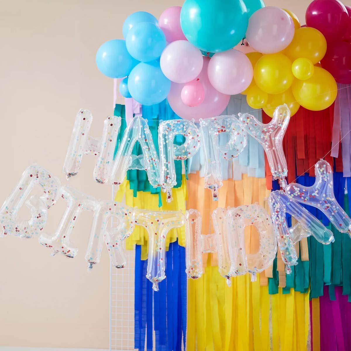 Happy Birthday -ilmapalloköynnös, kirkas folio & sateenkaarikonfetti, 1,5 m