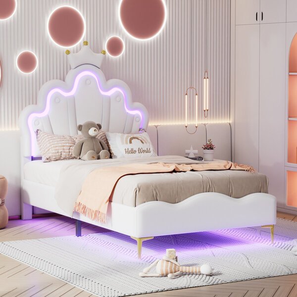 Lastensänky LED-valoilla, kruunuilla, 90x200cm,PU, valkoinen