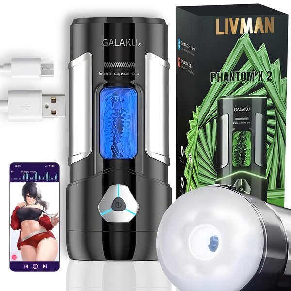 Automaattinen masturbaattori LIVMAN GALAKU PHANTOM X-2 miehille, jossa on 10 värinä- ja imemistilaa sekä Galaku-sovellusohjaus, 500mAh