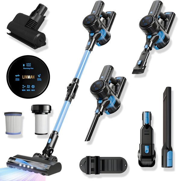 Varsi-imuri LIVMAN V8 – 2in1 täysikokoinen ja kädessä pidettävä johdoton imuri, jossa LED-näyttö, LED-valaistus paremman lian näkyvyyden takaamiseksi ja tehokas 5-vaiheinen suodatusjärjestelmä, 2000mAh, 250W, 22kPa