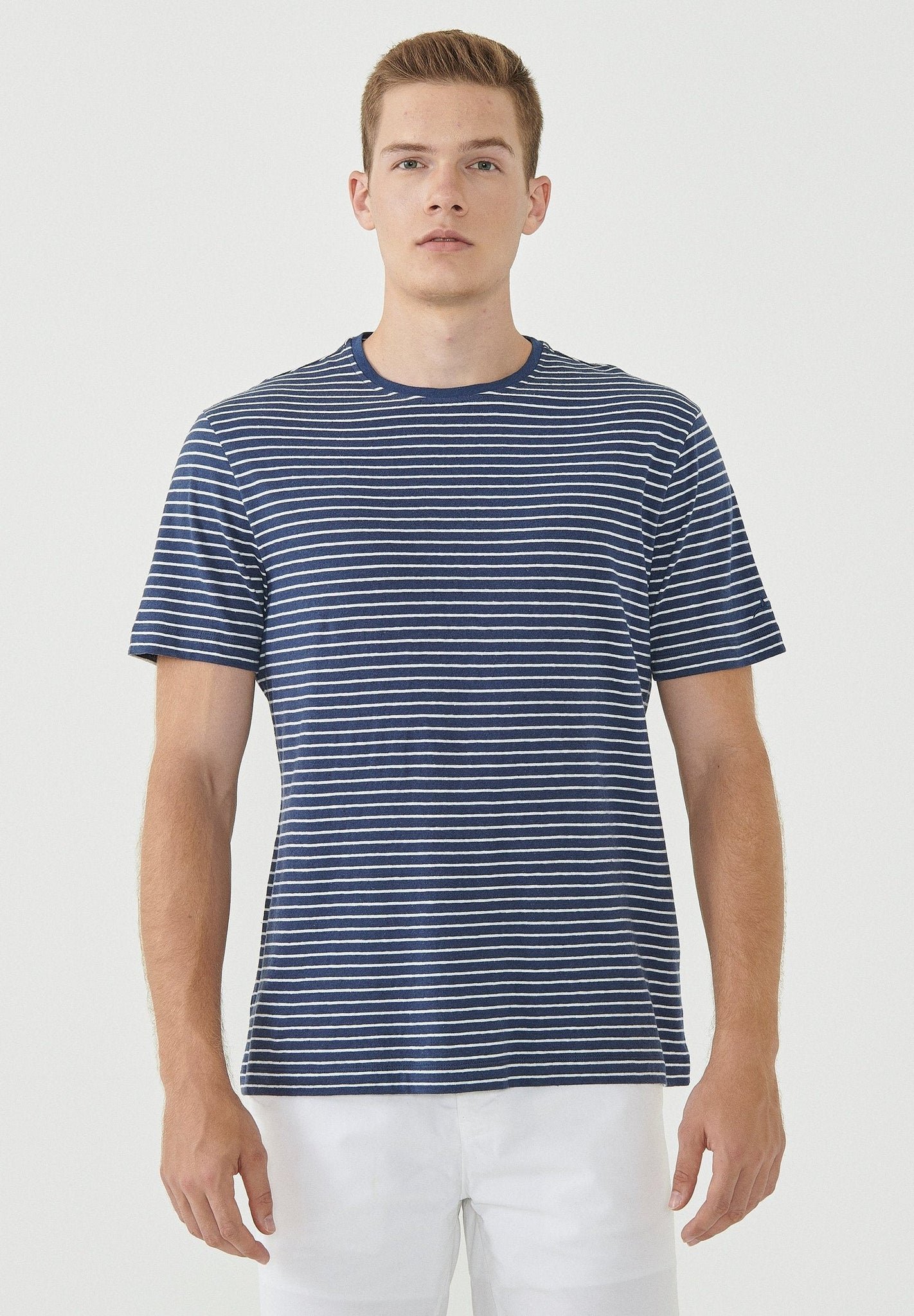 Men's Striped T-Shirt Organic Cotton Linen Blend Navy/Off-White
