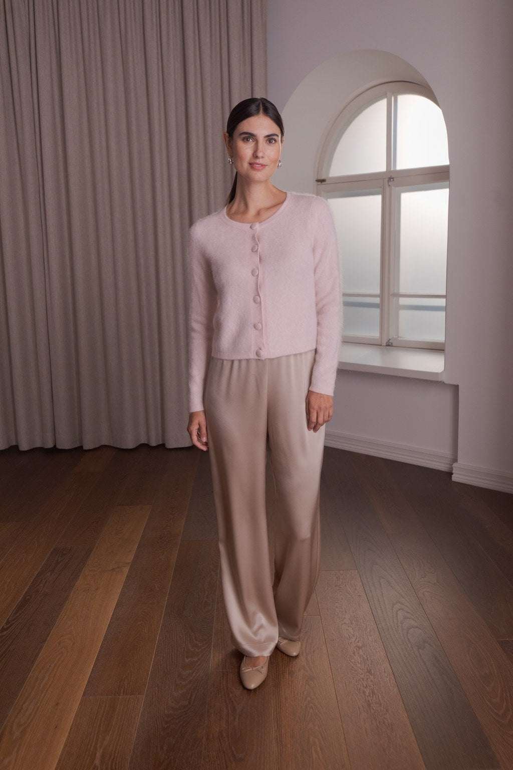 Katie Long-Sleeve Cashmere Cardigan Pale Pink