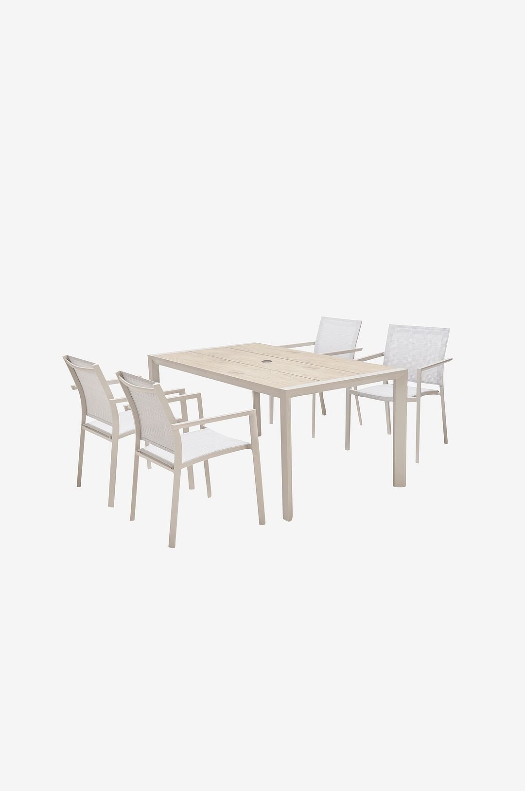 Urbanite setti w. 160 cm pöytä ja 4 pinottavaa nojatuolia.